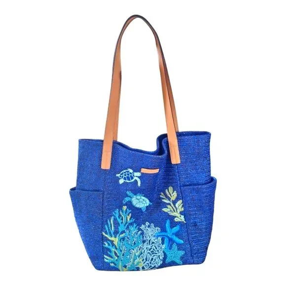 Vera Bradley Large Bag North South Straw Tote Blue Lyst Beach Bag Embroidered - Picture 1 of 15